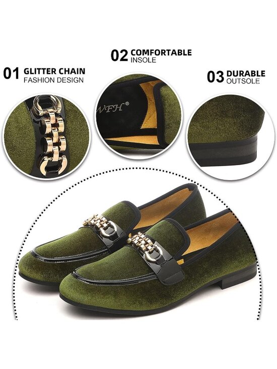 XQWFH Men\'s Army Green Velvet Loafers Gold Chain Buckle Slip On Flats Shoes main image 4